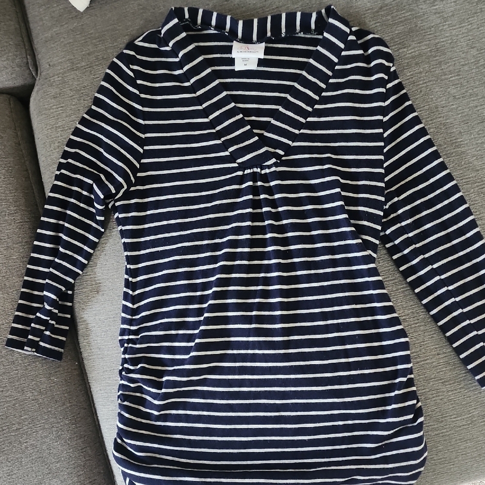 Oh Baby by Motherhood Maternity Blue and White Ruched 3/4 Sleeve Tunic